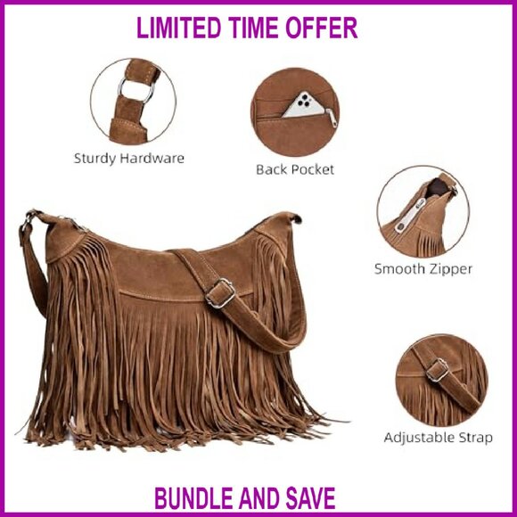 Vintage Vegan Suede Hobo Crossbody Bag with Fringe Tassels, Multi-Pocket - Picture 6 of 8